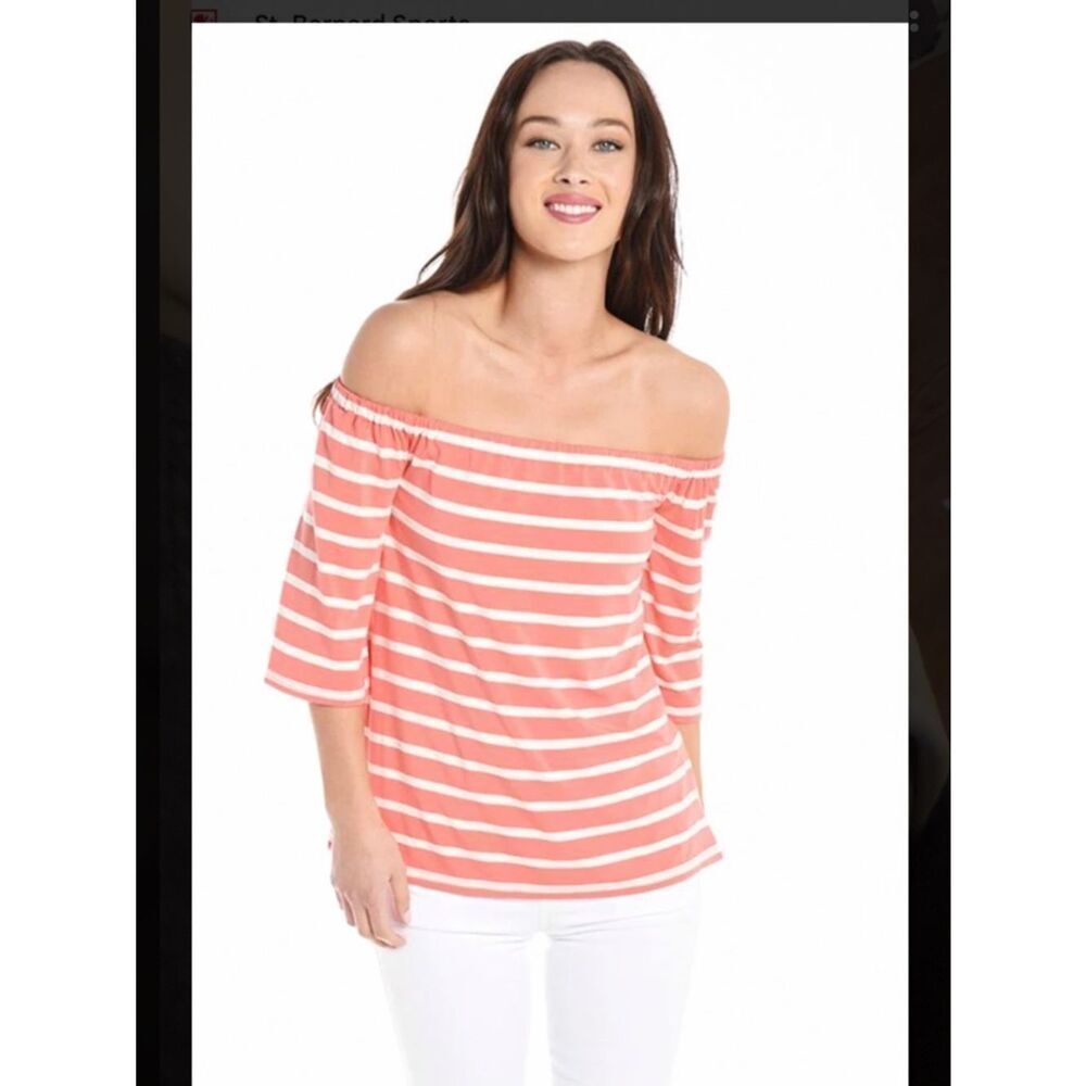 BB DAKOTA Top Off-Shoulder Coral and White Striped Size Small